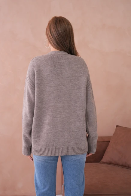 Kadın Açık Yaka Düğme Detay Çizgili Oversize Triko Kazak