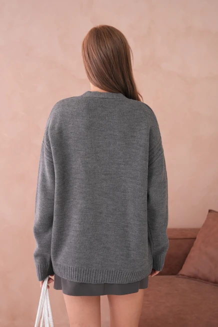 Kadın Açık Yaka Düğme Detay Çizgili Oversize Triko Kazak