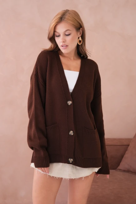 Kadın Açık Yaka Düğme Detay Çizgili Oversize Triko Kazak