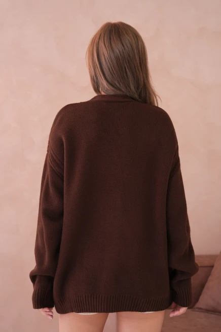 Kadın Açık Yaka Düğme Detay Çizgili Oversize Triko Kazak