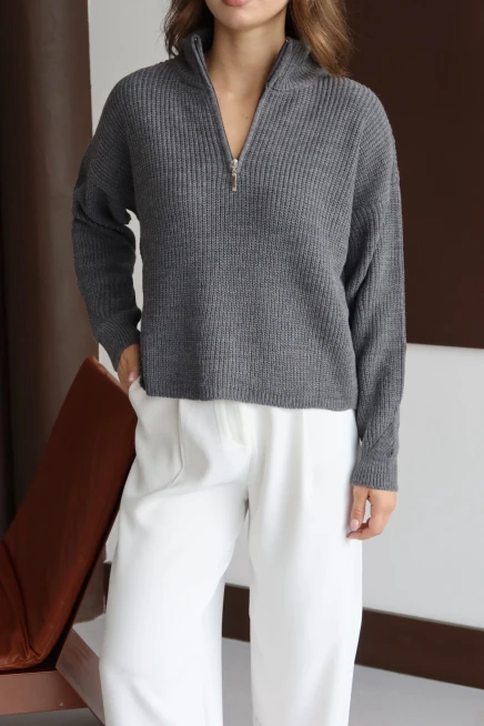 Kadın Antrasit Basic Oversize Yarım Pat Fermuarlı Triko Kazak 