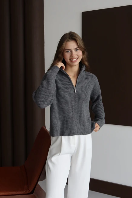 Kadın Antrasit Basic Oversize Yarım Pat Fermuarlı Triko Kazak 