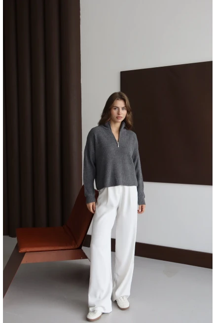 Kadın Antrasit Basic Oversize Yarım Pat Fermuarlı Triko Kazak 