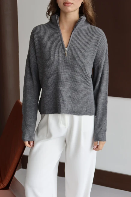 Kadın Antrasit Basic Oversize Yarım Pat Fermuarlı Triko Kazak 