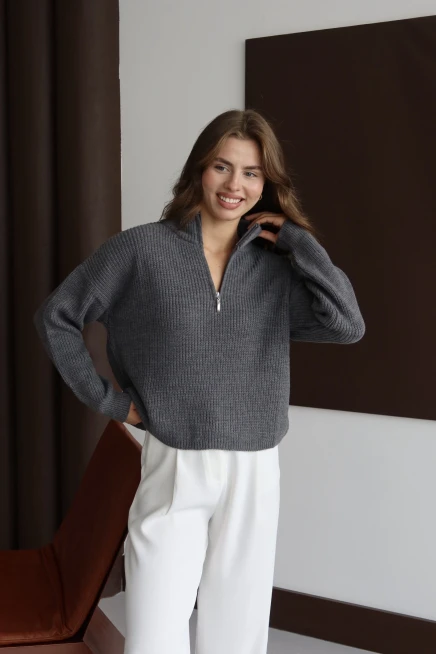 Kadın Antrasit Basic Oversize Yarım Pat Fermuarlı Triko Kazak 