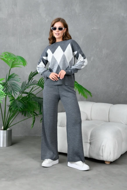 kadın antrasit bisiklet yaka baklava desenli kazak pantolon triko alt-üst takım 214076