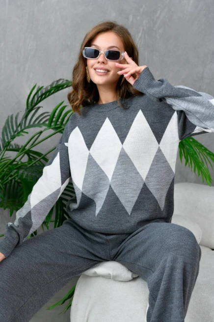 kadın antrasit bisiklet yaka baklava desenli kazak pantolon triko alt-üst takım 214076