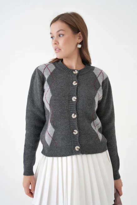 Kadın antrasit bisiklet yaka düğme detay desenli triko hırka 8605sw