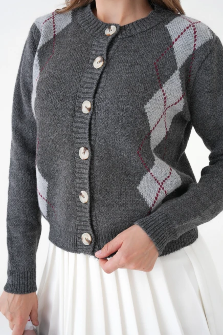 Kadın antrasit bisiklet yaka düğme detay desenli triko hırka 8605sw