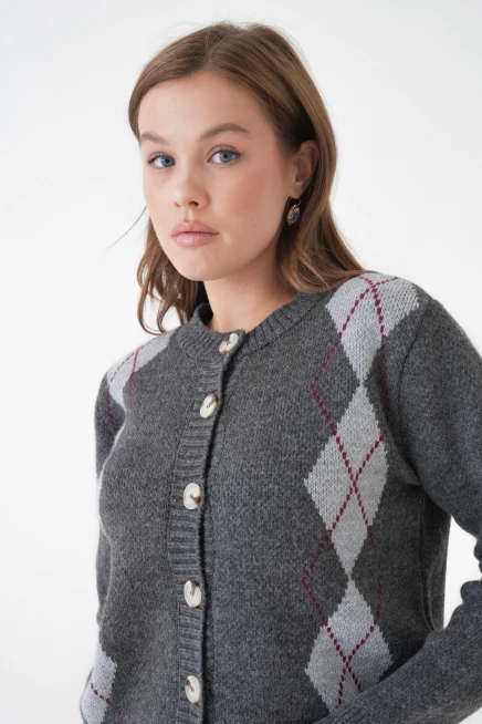 Kadın antrasit bisiklet yaka düğme detay desenli triko hırka 8605sw