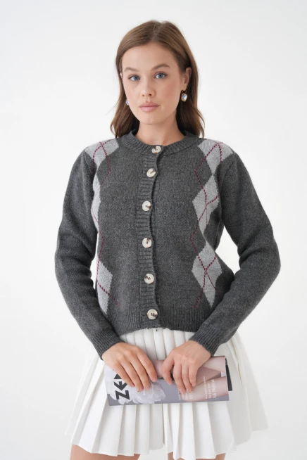 Kadın antrasit bisiklet yaka düğme detay desenli triko hırka 8605sw