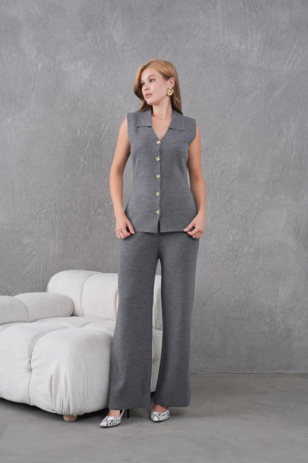 kadın antrasit gömlek yaka düğmeli yelek palazzo pantolon triko alt-üst takım 12243