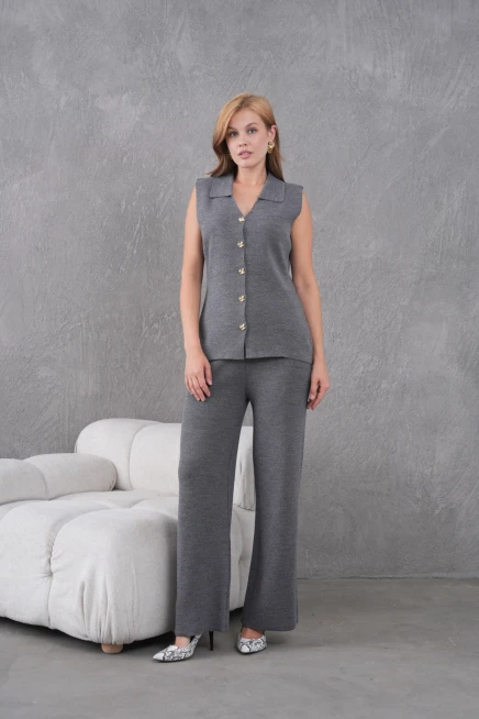 kadın antrasit gömlek yaka düğmeli yelek palazzo pantolon triko alt-üst takım 12243
