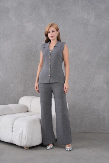 kadın antrasit gömlek yaka düğmeli yelek palazzo pantolon triko alt-üst takım 12243