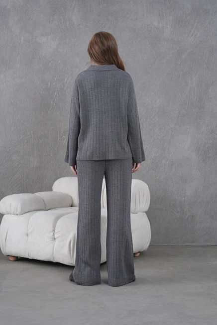 kadın antrasit kendinden dokulu düğmeli kazak pantolon triko alt-üst takım 12287