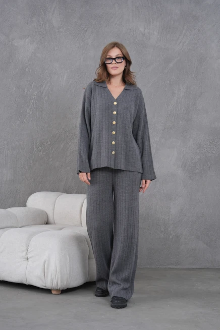 kadın antrasit kendinden dokulu düğmeli kazak pantolon triko alt-üst takım 12287