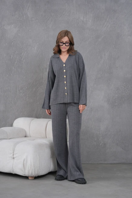 kadın antrasit kendinden dokulu düğmeli kazak pantolon triko alt-üst takım 12287