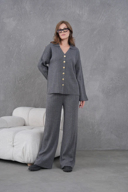 kadın antrasit kendinden dokulu düğmeli kazak pantolon triko alt-üst takım 12287