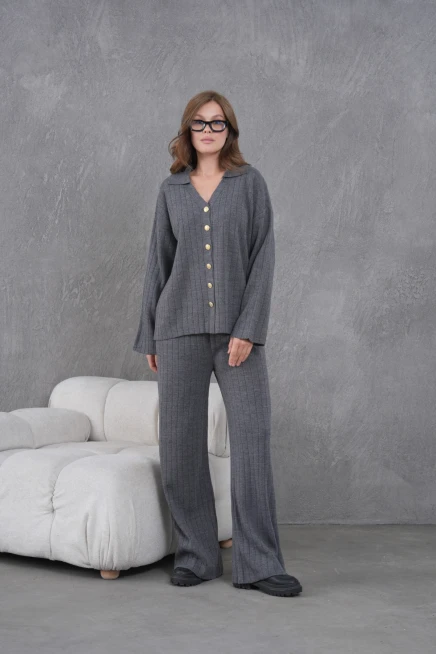 kadın antrasit kendinden dokulu düğmeli kazak pantolon triko alt-üst takım 12287