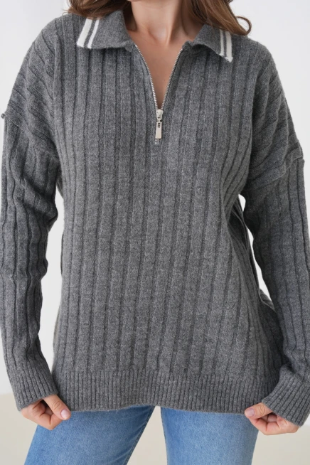 kadın antrasit polo yaka fermuarlı oversize triko kazak 8657sw