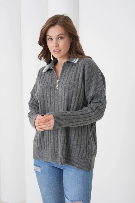 kadın antrasit polo yaka fermuarlı oversize triko kazak 8657sw