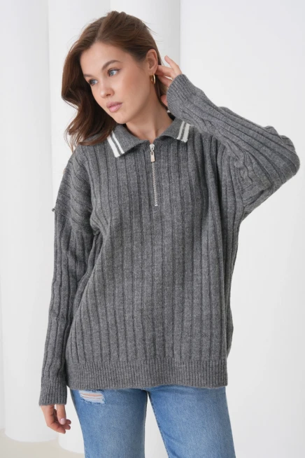 kadın antrasit polo yaka fermuarlı oversize triko kazak 8657sw