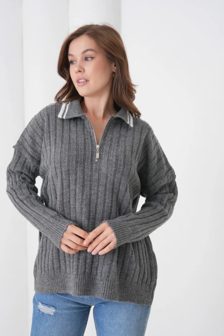 kadın antrasit polo yaka fermuarlı oversize triko kazak 8657sw