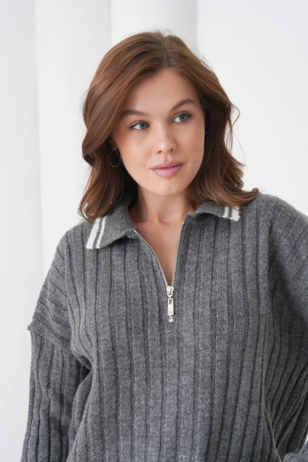 kadın antrasit polo yaka fermuarlı oversize triko kazak 8657sw