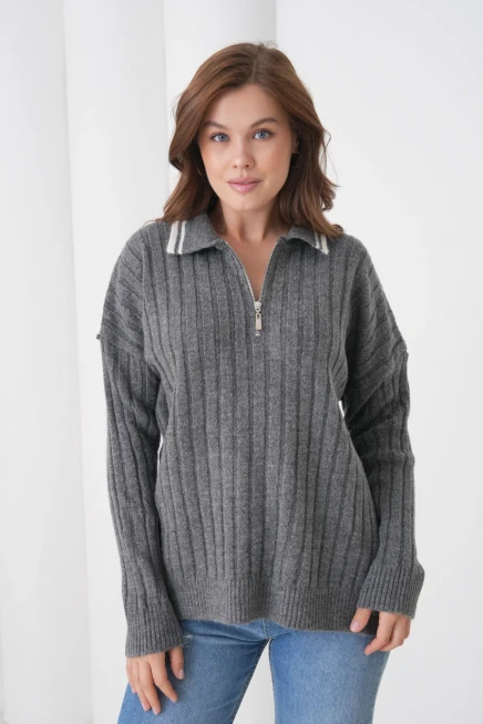 kadın antrasit polo yaka fermuarlı oversize triko kazak 8657sw