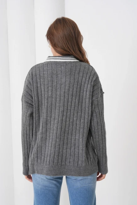 kadın antrasit polo yaka fermuarlı oversize triko kazak 8657sw