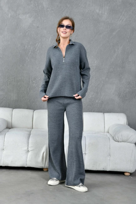 Kadın Antrasit Polo Yaka Oversize Kazak Pantolon Triko Alt-Üst Takım