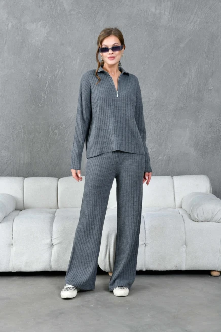 Kadın Antrasit Polo Yaka Oversize Kazak Pantolon Triko Alt-Üst Takım
