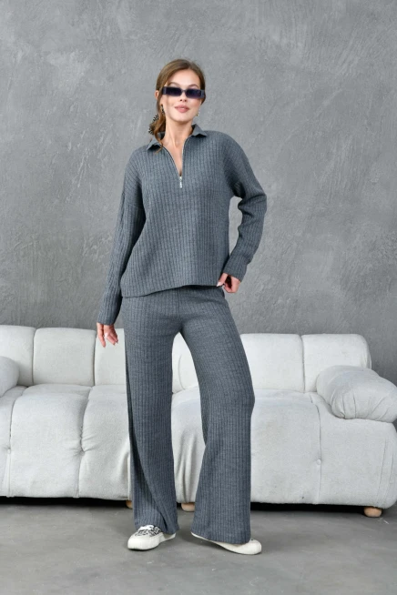 Kadın Antrasit Polo Yaka Oversize Kazak Pantolon Triko Alt-Üst Takım