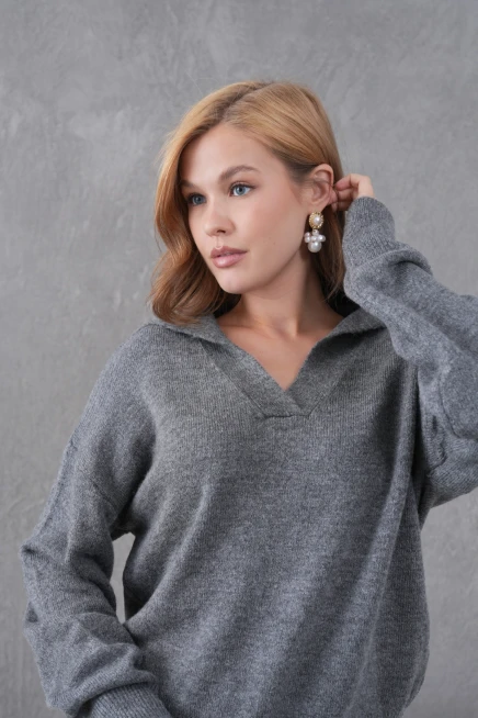 kadın antrasit polo yaka oversize yarım pat yumuşak dokulu triko kazak 8585sw