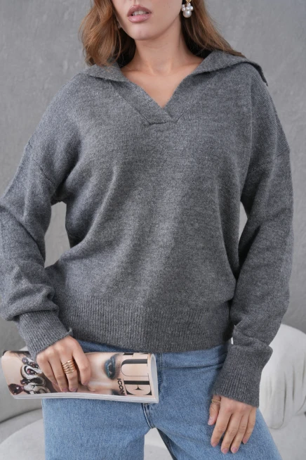 kadın antrasit polo yaka oversize yarım pat yumuşak dokulu triko kazak 8585sw