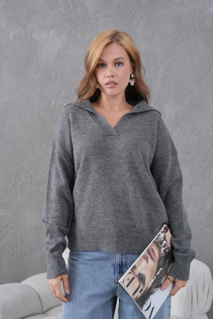 kadın antrasit polo yaka oversize yarım pat yumuşak dokulu triko kazak 8585sw