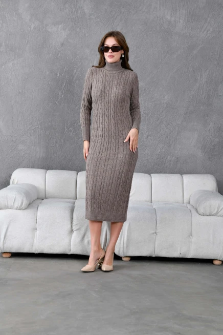 Kadın Balıkçı Yaka Örgü Detay Kışlık Triko Kelbise