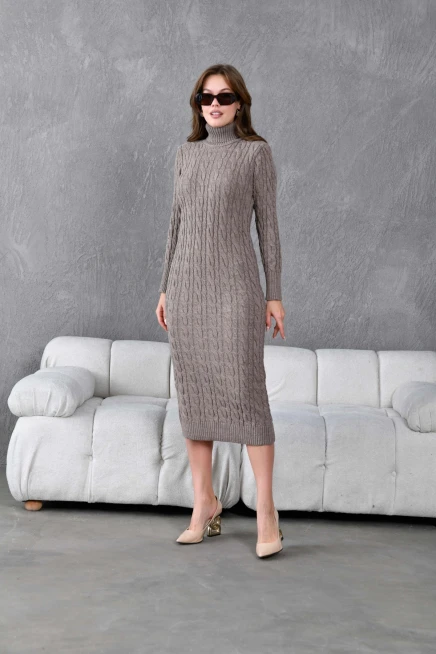 Kadın Balıkçı Yaka Örgü Detay Kışlık Triko Kelbise