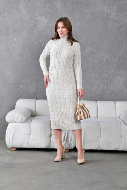 Kadın Balıkçı Yaka Örgü Detay Kışlık Triko Kelbise