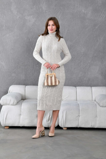 Kadın Balıkçı Yaka Örgü Detay Kışlık Triko Kelbise