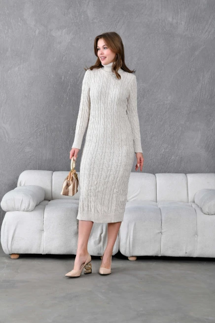 Kadın Balıkçı Yaka Örgü Detay Kışlık Triko Kelbise