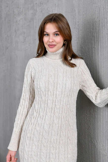 Kadın Balıkçı Yaka Örgü Detay Kışlık Triko Kelbise