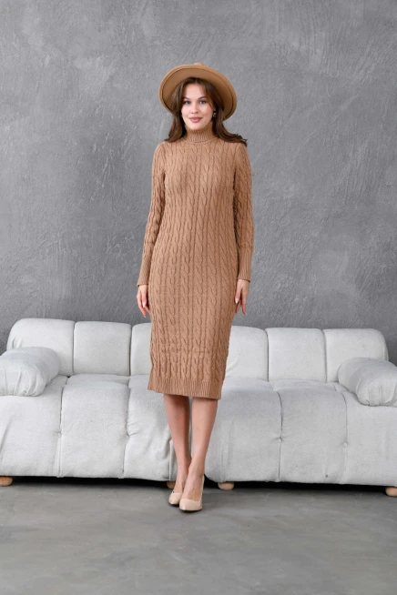 Kadın Balıkçı Yaka Örgü Detay Kışlık Triko Kelbise