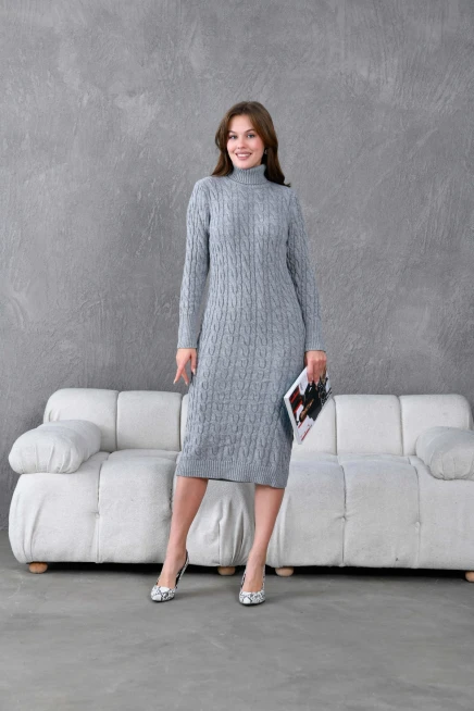 Kadın Balıkçı Yaka Örgü Detay Kışlık Triko Kelbise