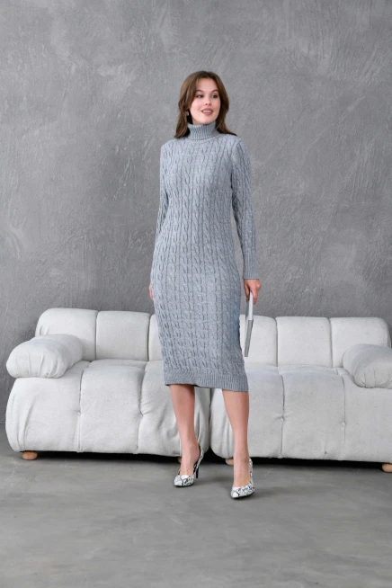 Kadın Balıkçı Yaka Örgü Detay Kışlık Triko Kelbise