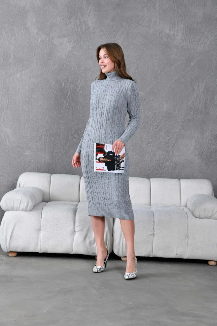 Kadın Balıkçı Yaka Örgü Detay Kışlık Triko Kelbise