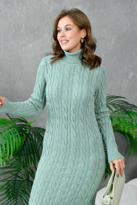 Kadın Balıkçı Yaka Örgü Detay Kışlık Triko Kelbise