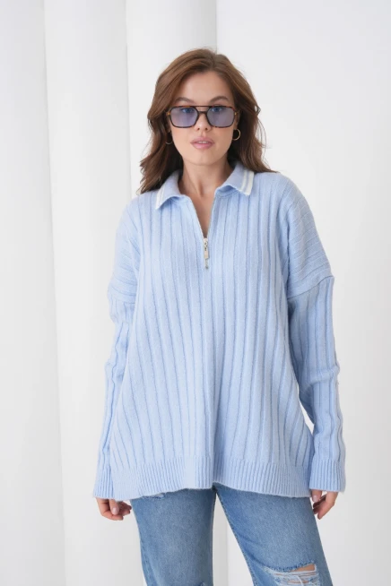 kadın bebe mavi polo yaka fermuarlı oversize triko kazak 8657sw