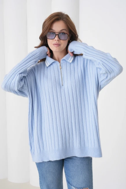 kadın bebe mavi polo yaka fermuarlı oversize triko kazak 8657sw