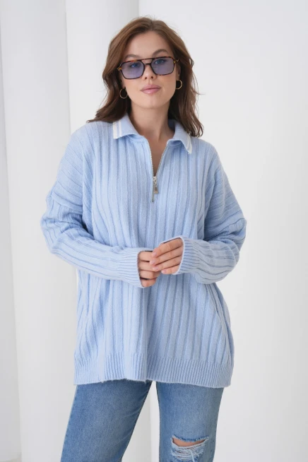 kadın bebe mavi polo yaka fermuarlı oversize triko kazak 8657sw